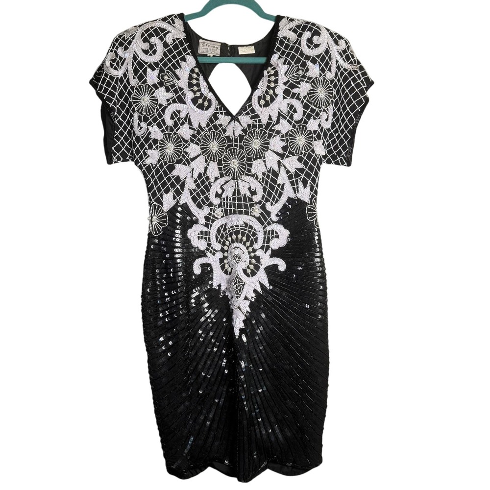 Vintage 80s Stenay Cocktail Dress Beaded Pearls Sequin Silk Black White RARE S/M